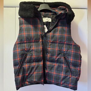 NWT COACH Riley Plaid Puffer Hooded Vest Blue Red Black Women’s Size Large